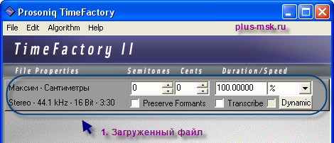 Prosoniq TimeFactory 2. Окно программы с загруженным файлом.